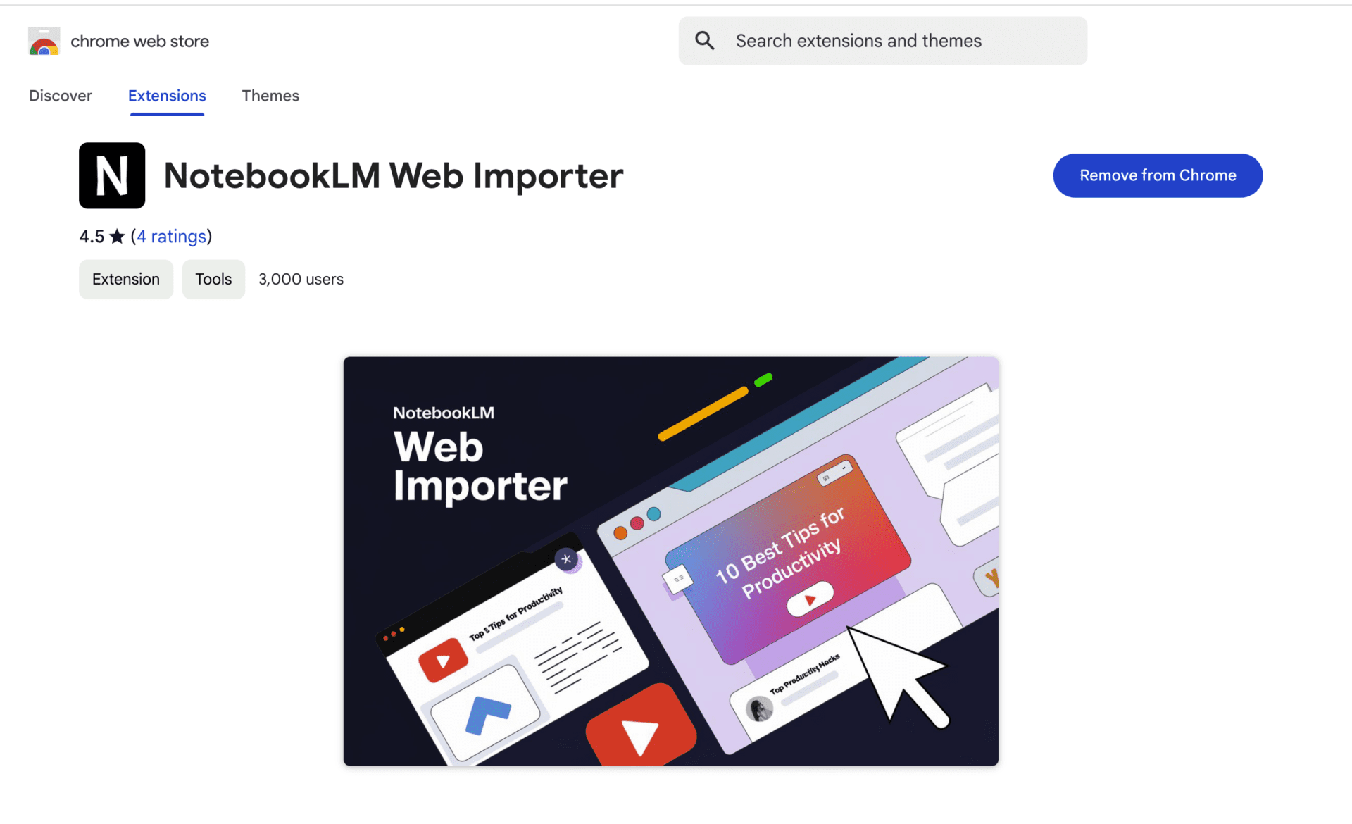 A screenshot showing the image and basic description of notebooklm web importer on the landing page for the extension on google chrome web store